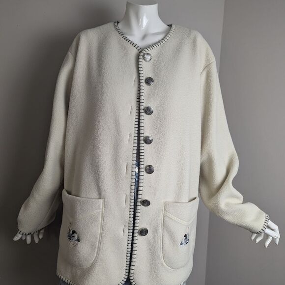 Vintage 90s Felted Fleece Jacket, Embroidered Ducks, La Fugue, Size M - Picture 3 of 10